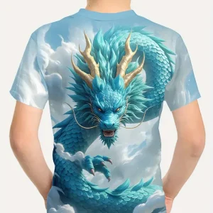 T-shirt Garçon Fantaisie Dragon Bleu – Motif 3D Écailles et Nuages