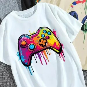 T-shirt Garçon Gamer Blanc – Haut Enfant avec Motif Manette Colorée Street Art