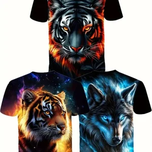 T-shirt Garçon Motif 3D Loup et Tigre – Haut Imprimé Animal Fantastique Mode Streetwear Enfant