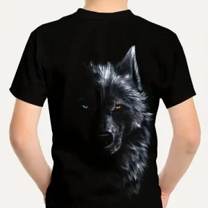T-shirt Garçon Noir Motif Loup 3D – Haut Imprimé Animal Sauvage Mode Streetwear Enfant