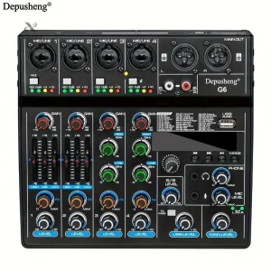 Table de Mixage Audio USB Depusheng G6 – 4/6 Canaux avec Effets, Interface Son & Alim Phantom 48V
