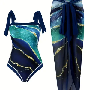 Tankini femme chic imprimé marbre bleu avec paréo assorti – Élégance et confort à la plage