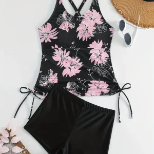 Tankini shorty noir à fleurs – Ensemble deux pièces sport chic