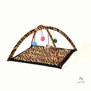 Tapis de Jeu pour Chat avec Arches et Jouets Suspendus – Aire d’Éveil Tigrée pour Divertissement et Repos