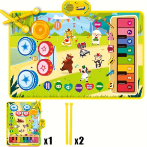 Tapis Musical Éducatif Enfant – Clavier & Batterie Électronique avec Sons d’Animaux, Fonctions Ludiques & Baguettes