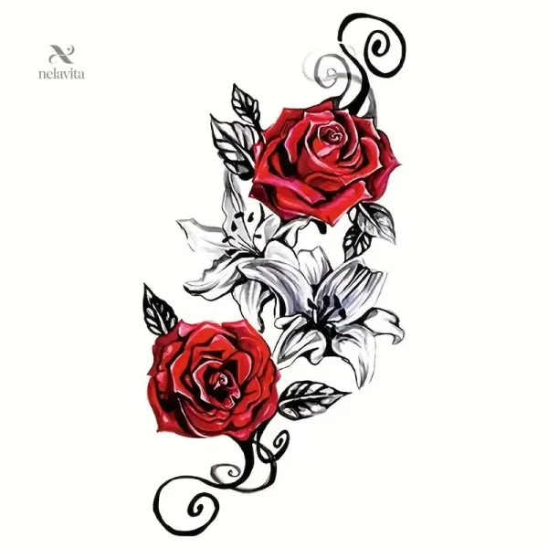 Tatouage éphémère floral réaliste rose et lys pour bras