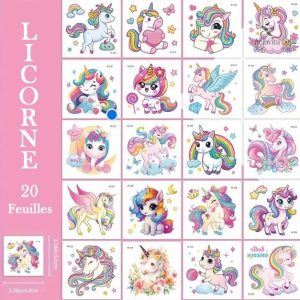 Tatouages éphémères licorne pour enfants, 20 feuilles colorées