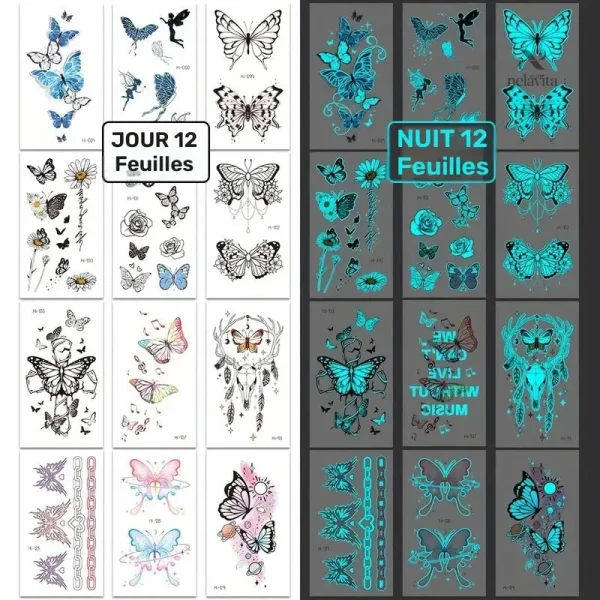 Tatouages éphémères papillons colorés et fluorescents