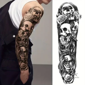 Tatouages temporaires réalistes noir et gris pour bras complet