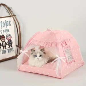 Tente Lit pour Chat en Tissu Rose avec Voilage – Maison Douillette et Respirante pour Animaux de Compagnie