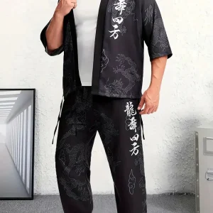 Tenue fantaisie homme kimono – Ensemble traditionnel asiatique avec motifs dragon dorés