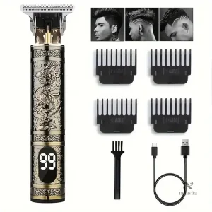 Tondeuse de Précision Dorée – T-Blade Rechargeable, Design Dragon, Gentleman, Monsieur, 4 Sabots, Coupe Dégradée et Contours Pro