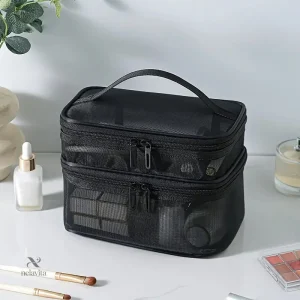 Trousse de maquillage noire à double compartiment Organiseur cosmétique grande capacité en maille respirante