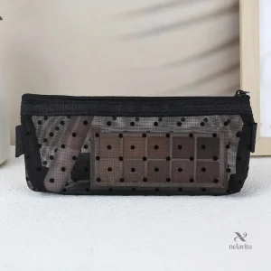 Trousse de maquillage transparente en maille noire Motifs cœurs, légère et respirante