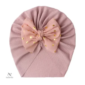 Turban en Coton avec Grand Nœud à Pois Dorés, Chapeau Mode et Confort pour Nouveau-né et Fille