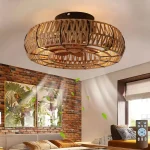 Ventilateur de plafond LED avec abat-jour en rotin tressé