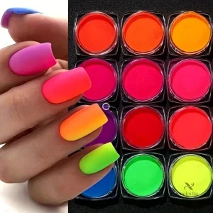 Vernis en poudre fluorescent – 12 couleurs néon pour nail art