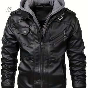 Veste en Cuir avec Capuche Gris - Design Moderne