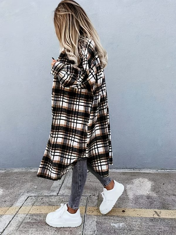 veste-longue-a-carreaux-boutonnee-poches-1 Veste à carreaux boutonnée pour femmes
