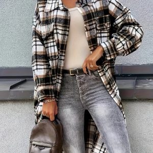 Manteau long à carreaux avec poches pratiques