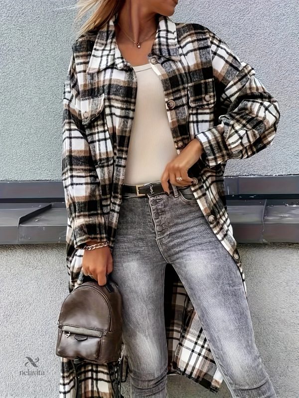 Manteau long à carreaux avec poches pratiques