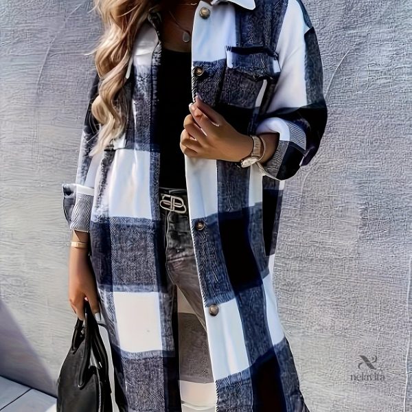 Veste longue avec poches, style à carreaux
