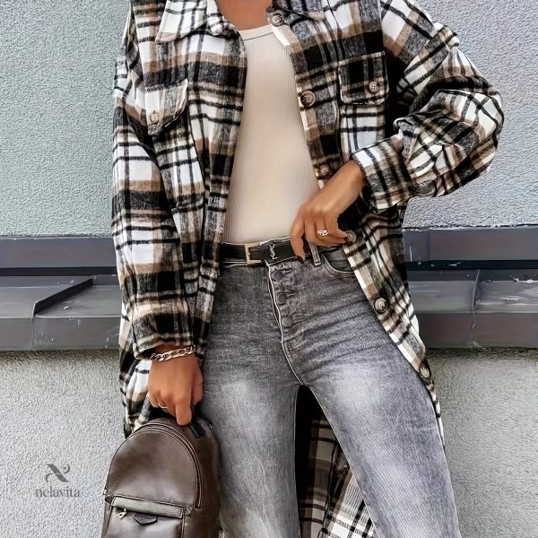 Veste femme tendance à carreaux et longue