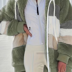 Veste Longue Tricolore à Capuche en Polaire Douce