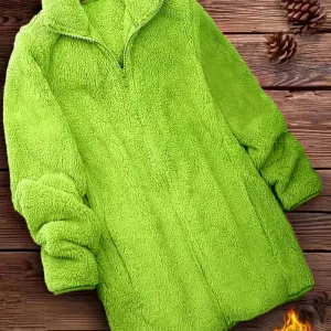 Veste Polaire Femme Hiver à Zip – Molleton Chaud Effet Mouton Vert Fluo, Douce et Confortable